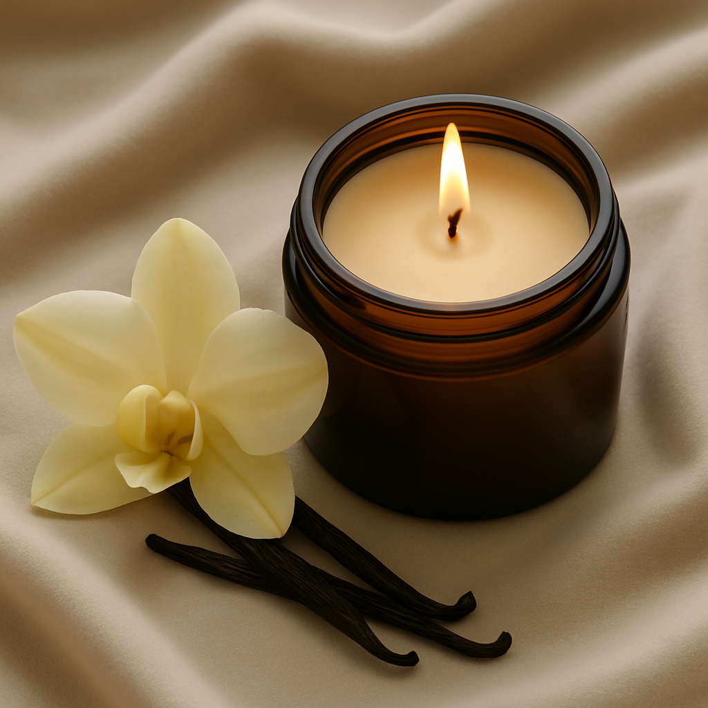 Handgegossene Duftkerze Vanilla Dream mit Vanille und Sandelholz im Glas